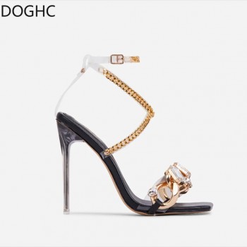  Fashion Gladiator Women's Shoes Sandals Gold Chain Strap Bright Diamond PVC Stiletto Cross Strap